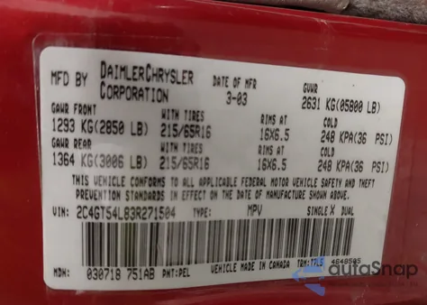 2003 Chrysler Town & Country Lxi z USA, uszkodzony, nr VIN 2C4GT54L83R271504